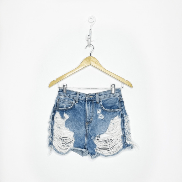 CARMAR High Rise Destressed denim shorts medium wash stretch thrashed SHORTS 26 - Picture 1 of 8